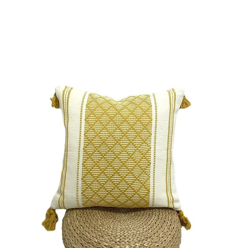 Geometric Woven Jacquard Tassel Cushion Cover