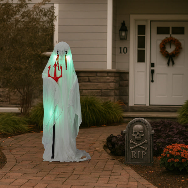 4.3ft Animatronic Ghost with Trident - Sound-Activated Halloween Decoration