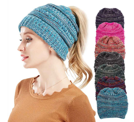Women's Mixed Color Knitted Wool Hat - Ponytail Beanie