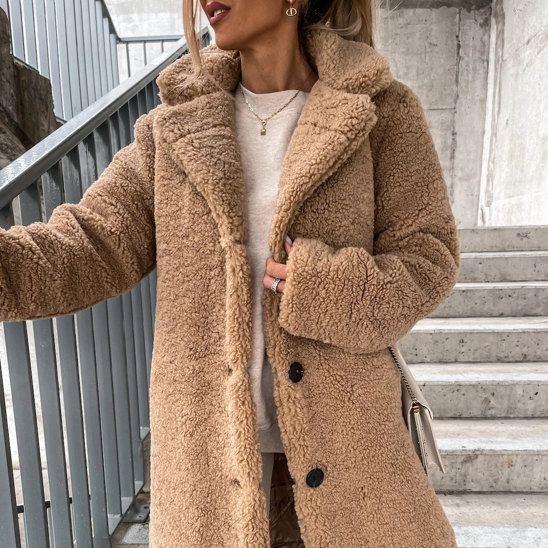 Women's Long-Sleeved Lapel Plush Jacket - Cozy Fashion Minimalist Top