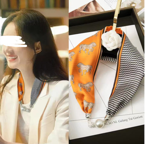 Magnetic Buckle Silk Scarf with Pearl Necklace - Women's Fashion Accessory