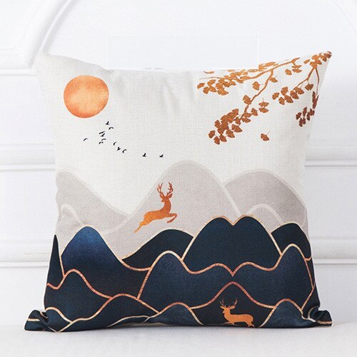 Mountain tree sunrise oil painting cushion cover