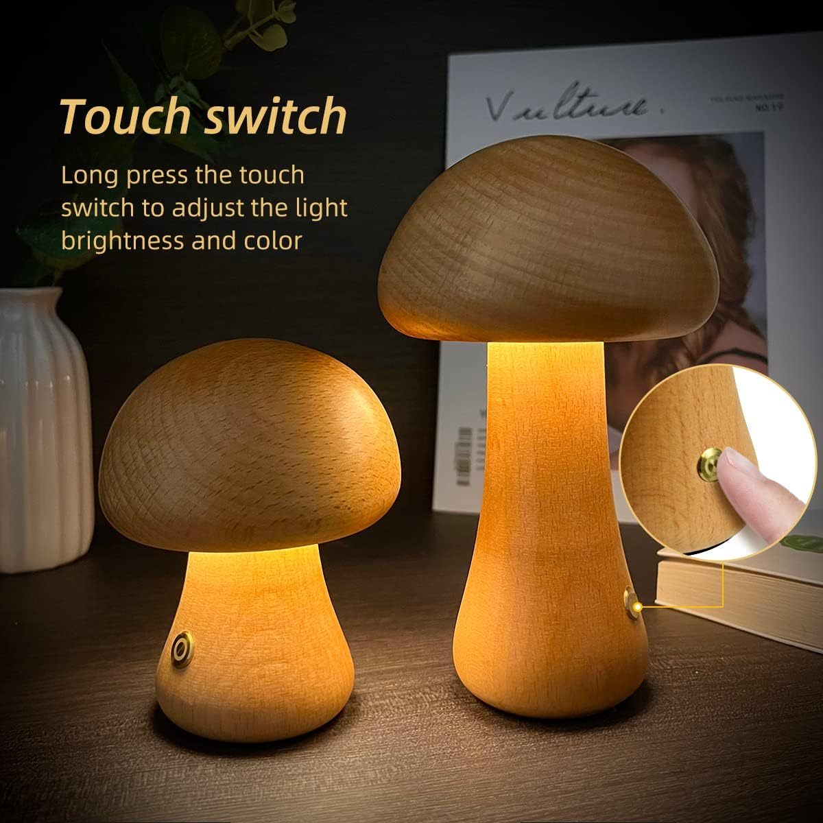 INS Wooden Cute Mushroom LED Night Light - Touch Switch Bedside Table Lamp for Bedroom
