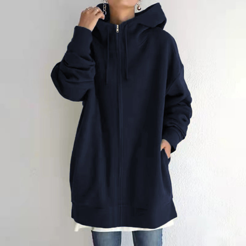 Women's Oversized Hooded Zip-Up Sweatshirt - Velvet-Lined Long Coat