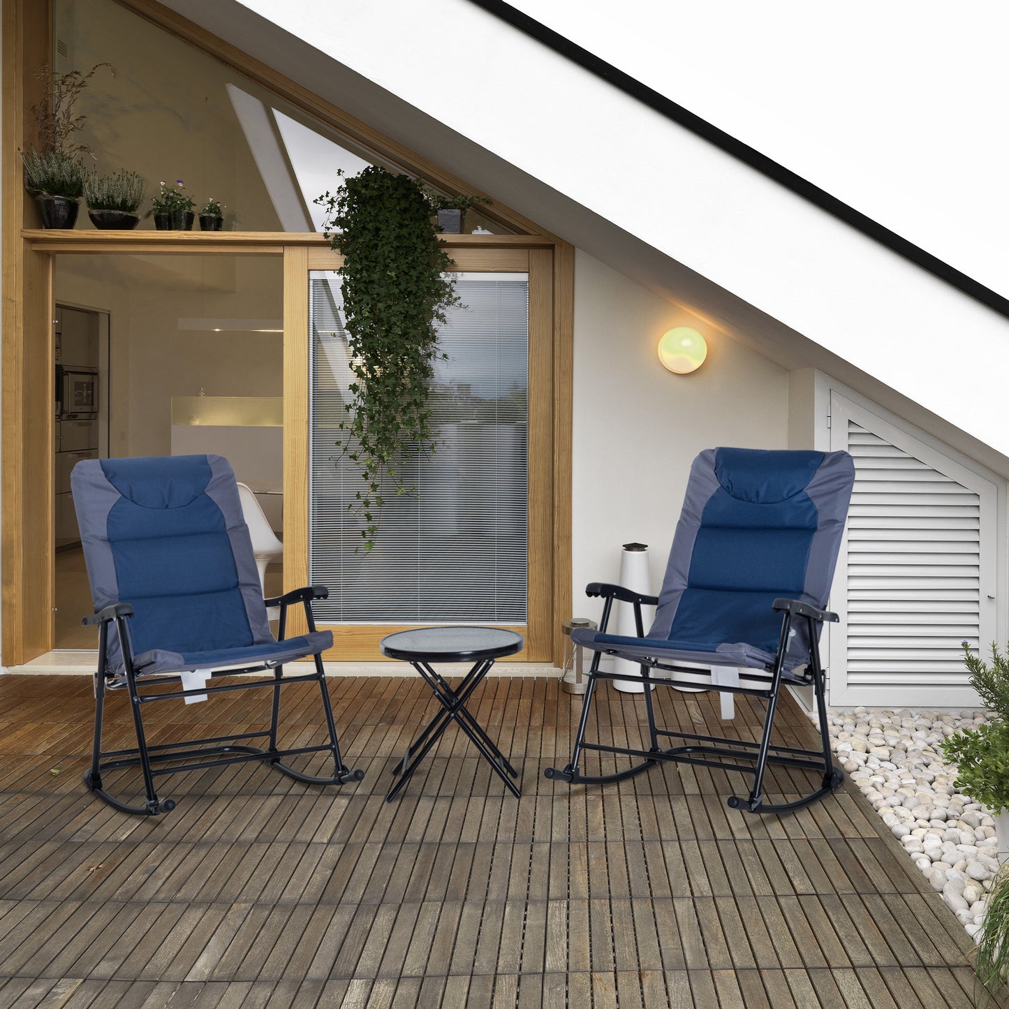 3 Piece Blue Rocking Bistro Set  Patio Chairs   Glass Coffee Table