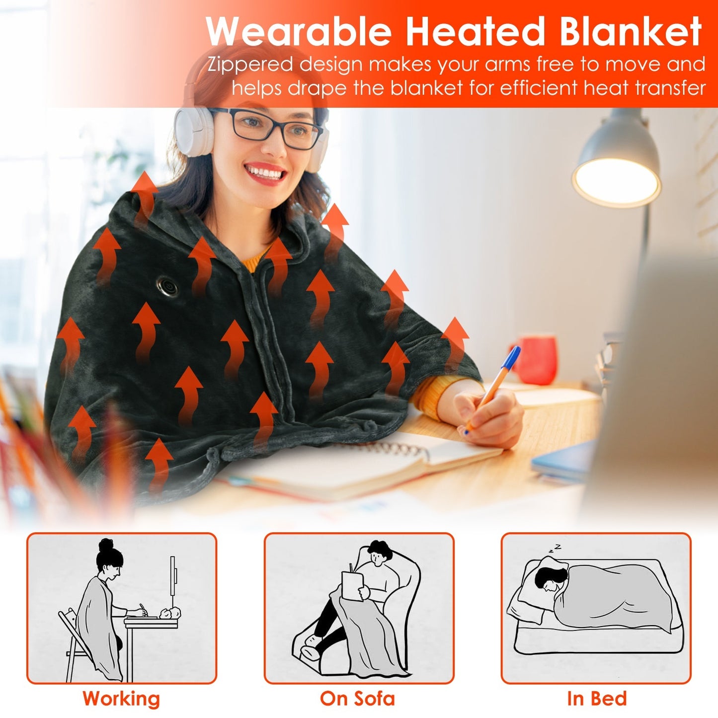 USB Heated Blanket Poncho - 59x31in Electric Heated Shawl Wrap with Zipper