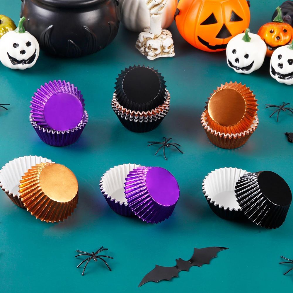 Halloween Foil Cupcake Liners - 300 Pcs Black Purple Orange Metallic