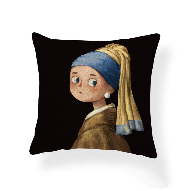 Cartoon Girl Printed Pillowcase Oil Painting Blended Cushion