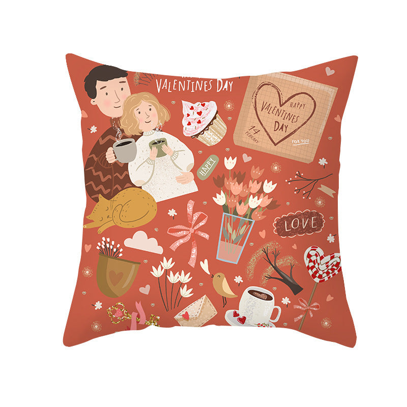 Valentine's Day Peach Skin Printed Cushion Cover - Romantic Living Room Bedroom Decoration