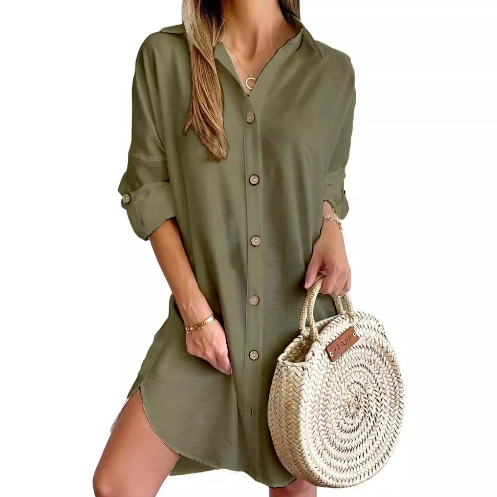 Autumn Casual Long Sleeve Lapel Button Shirt Dress - Women's Professional Style