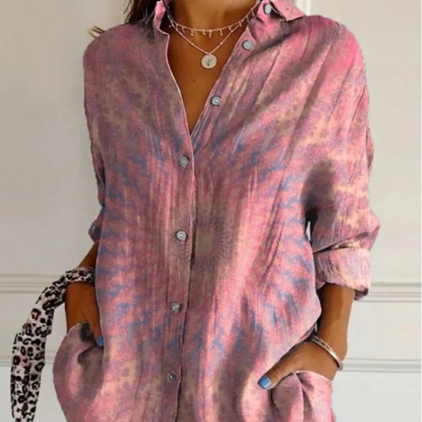 Women's Lapel Long Sleeve Shirt - Single-Breasted Pleated Button-Up