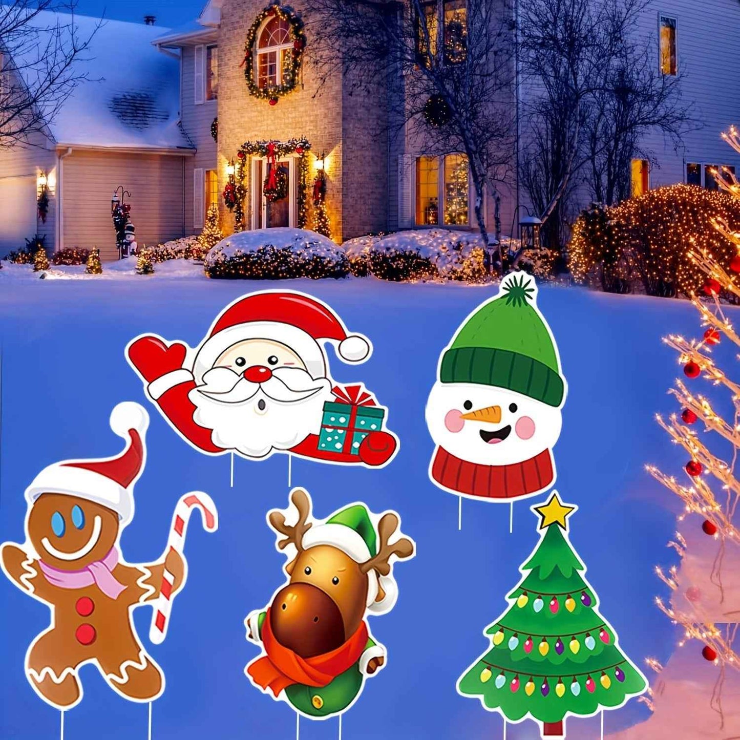 5 Pack Christmas Outdoor Yard Signs with Stakes - Tree Reindeer Santa Gingerbread - DropOnline.co