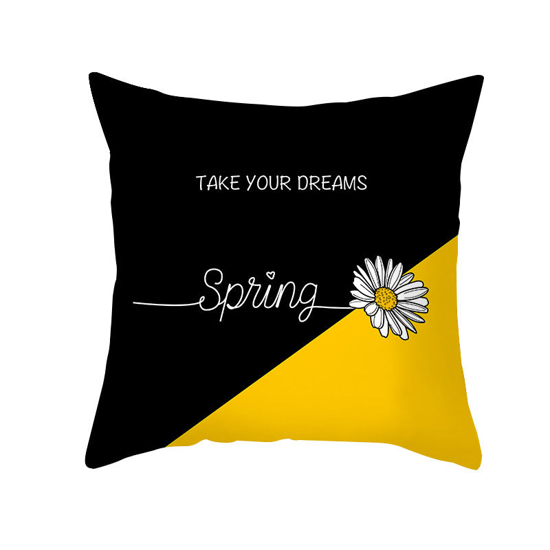 Modern Yellow Daisy Flower Cushion Cover - Creative Letter Print Pillow Case for Home