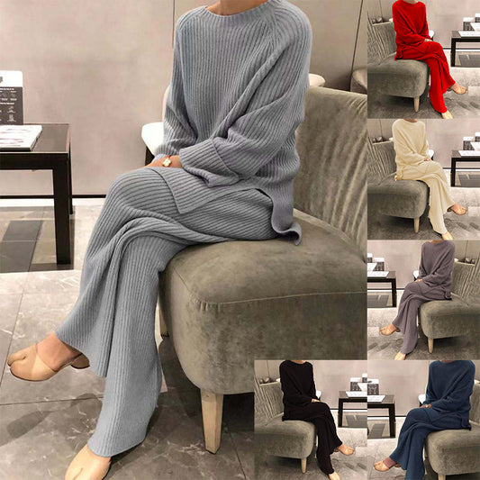 Women's Knit Casual Two-Piece Set - Knitted Sweater and Pants Outfit