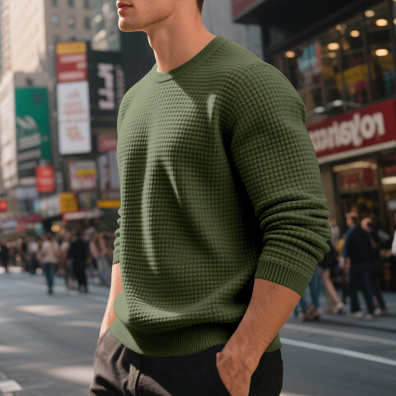 Men's Loose Simple Sports Jacquard Round Neck Sweater - Long Sleeve Athletic Top
