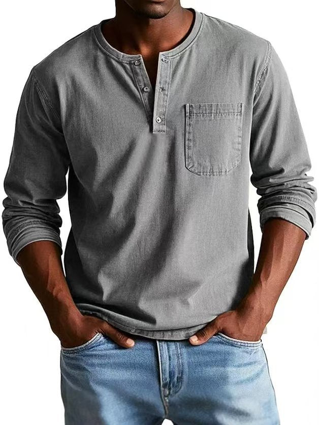 Men's V-Neck Long Sleeve T-Shirt - Button Design Casual Pullover