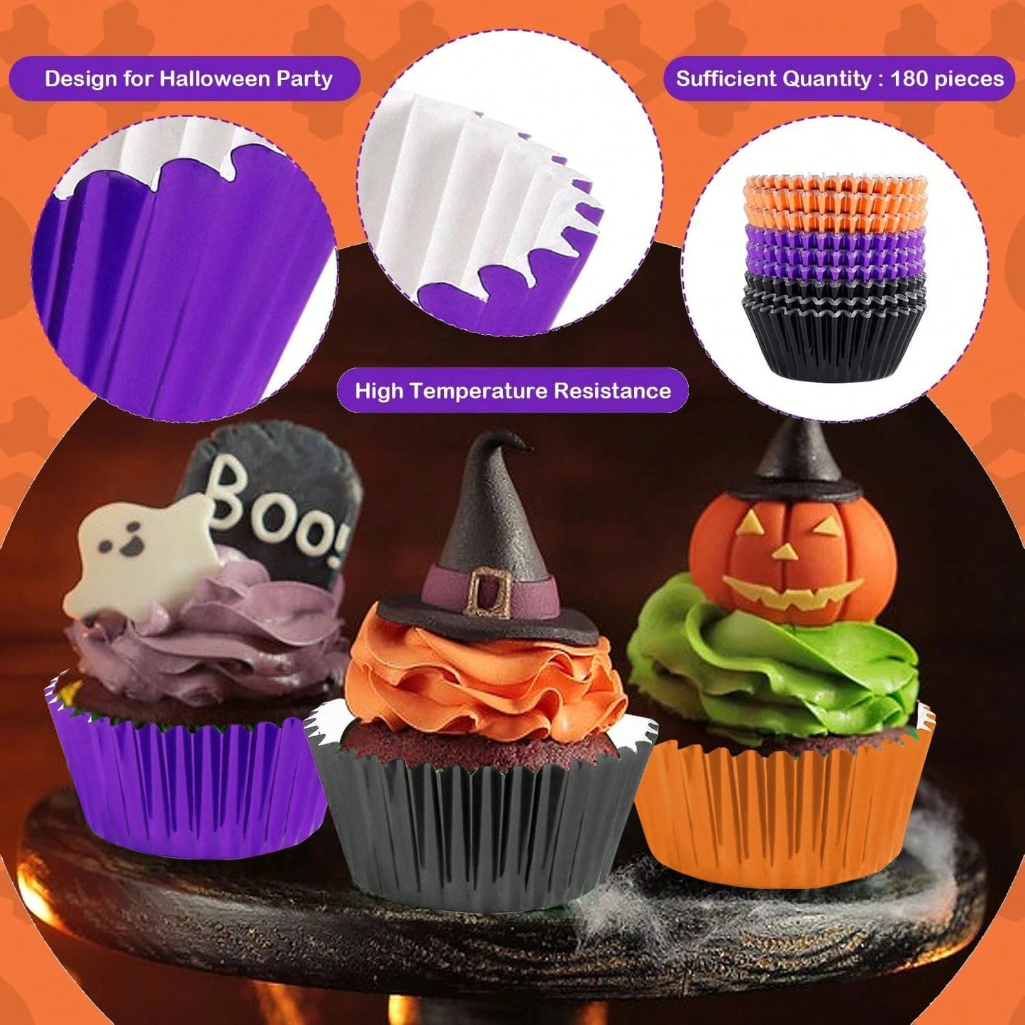 Halloween Foil Cupcake Liners - 300 Pcs Black Purple Orange Metallic