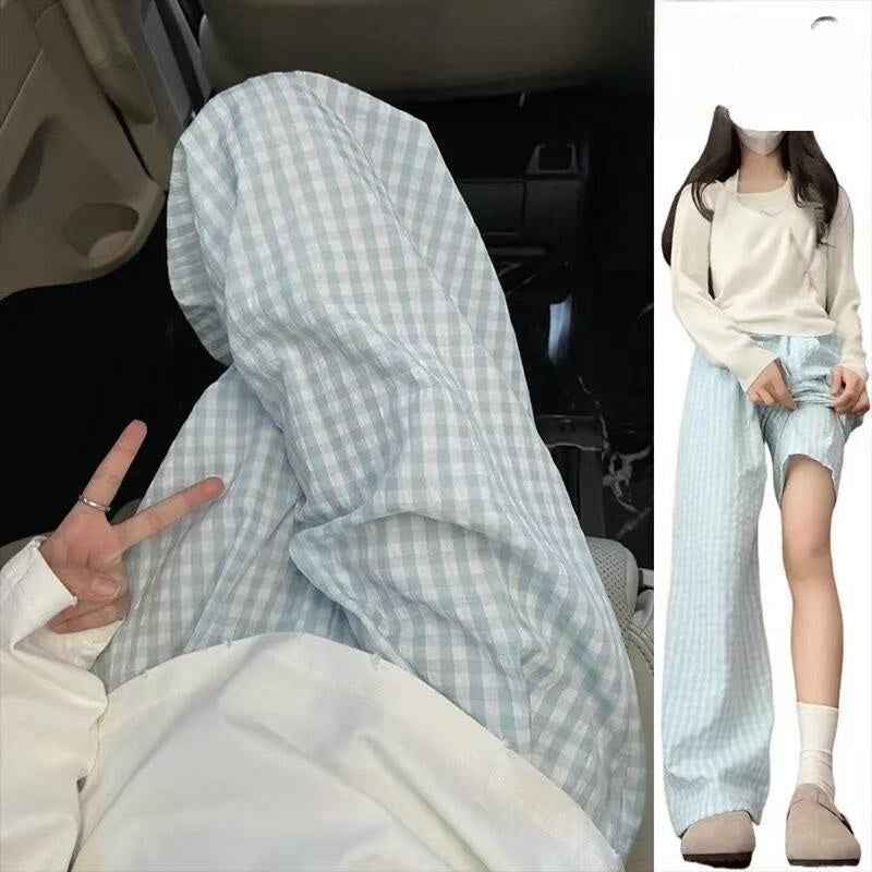 Color-block Dopamine Grid High-waisted Draped Wide-leg Pants Loose And Slimming Casual