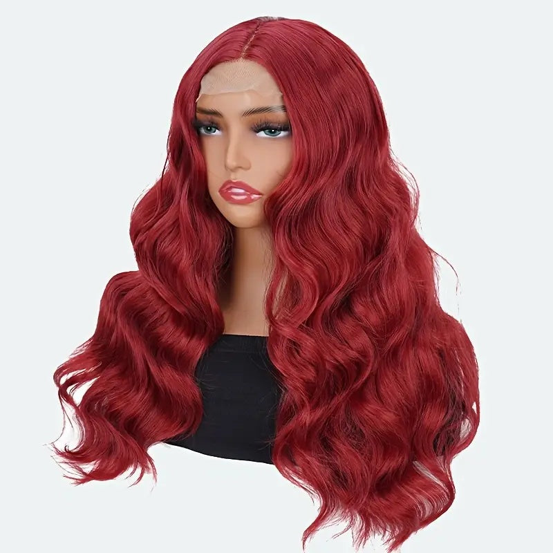 Elegant 24 Inch Red Wavy Synthetic Wig For Women, 4x1 Front Lace, High Temperature Fiber, Middle Part, Natural Look, Breathable, Comfortable, Versatile For Cosplay & Daily Use, All Ethnicities