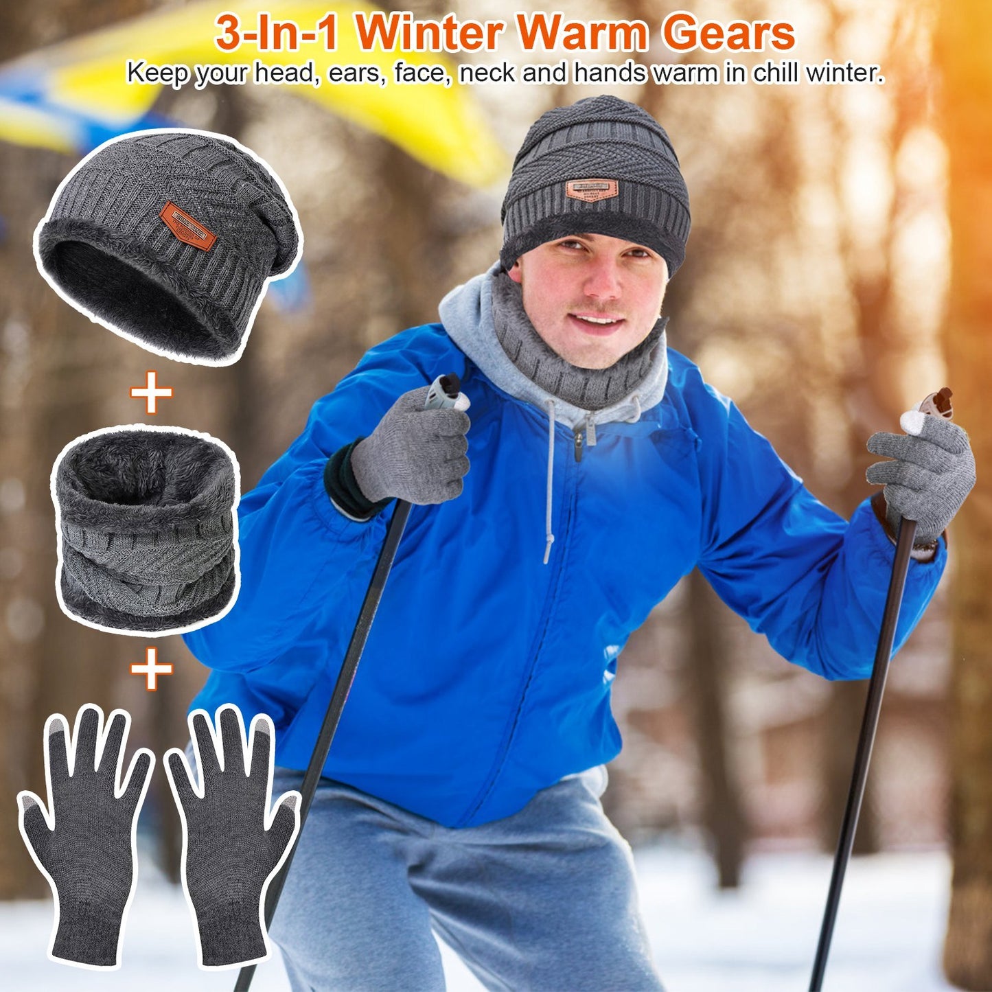 3-Piece Winter Accessories Set - Knitted Hat, Scarf & Touchscreen Gloves