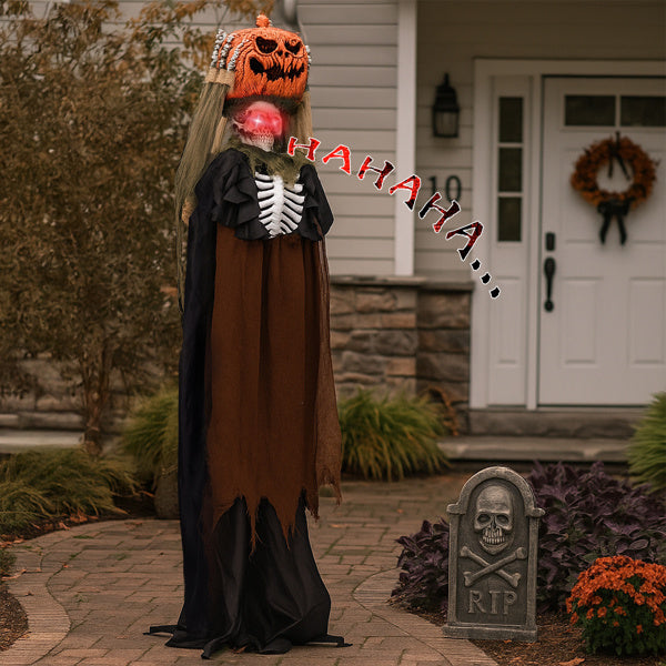 5.6ft Animatronic Pumpkin Head Ghost - Sound-Activated Halloween Decoration