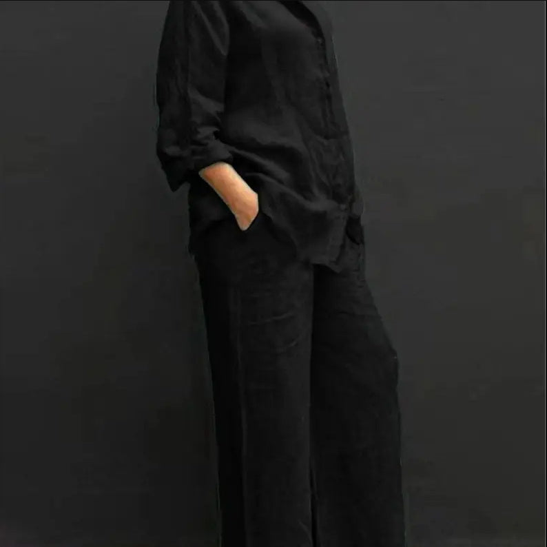 Women's Casual Urban Shirt Set - Long Sleeve Top and Trousers Outfit