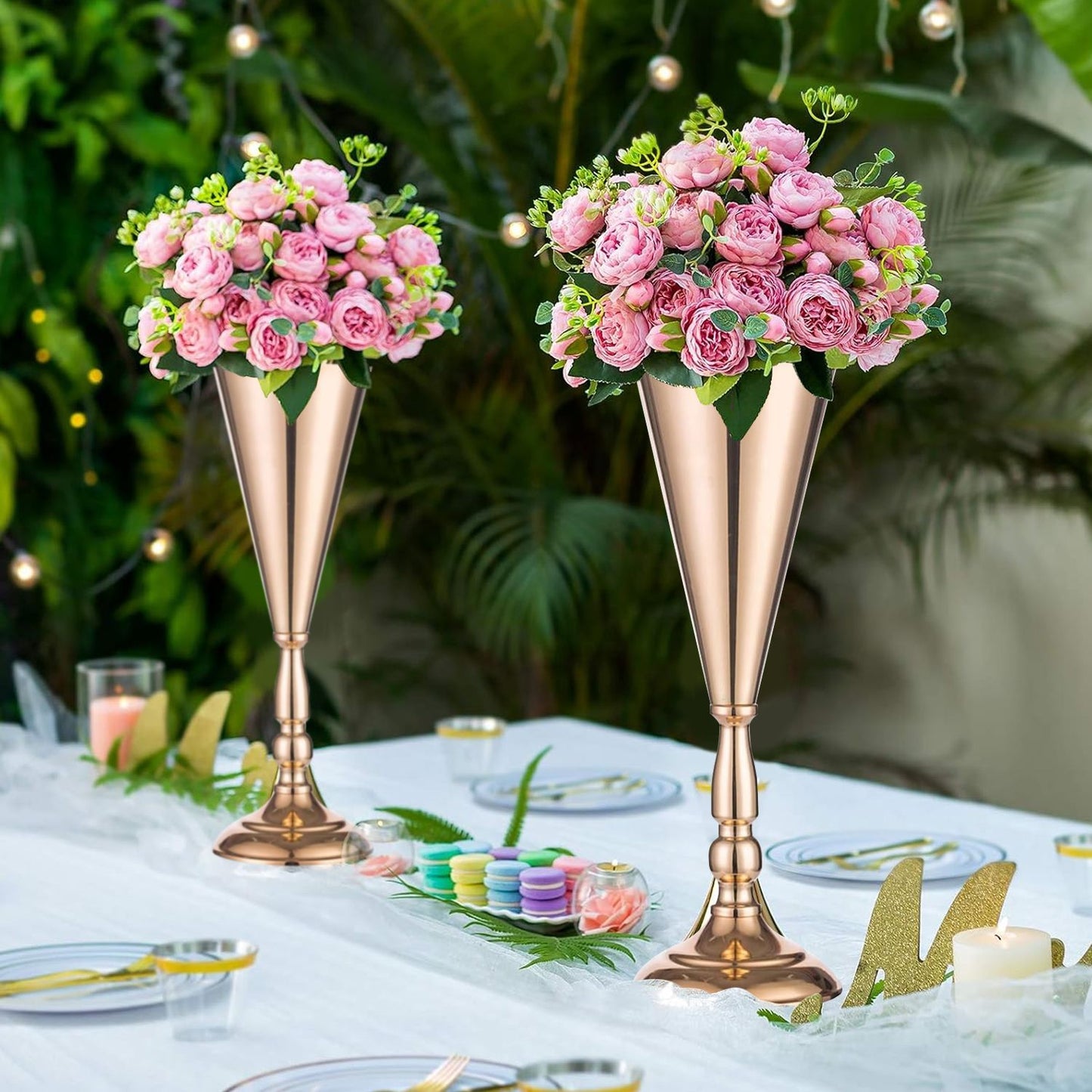 Golden Vase Flower Wedding Centerpieces For Tables 14 In Tall Flower Display Stand Wedding Metal Flower Arrangement Stand Trumpet Vase Tabletop Stand For Home Anniversary Ceremony Party