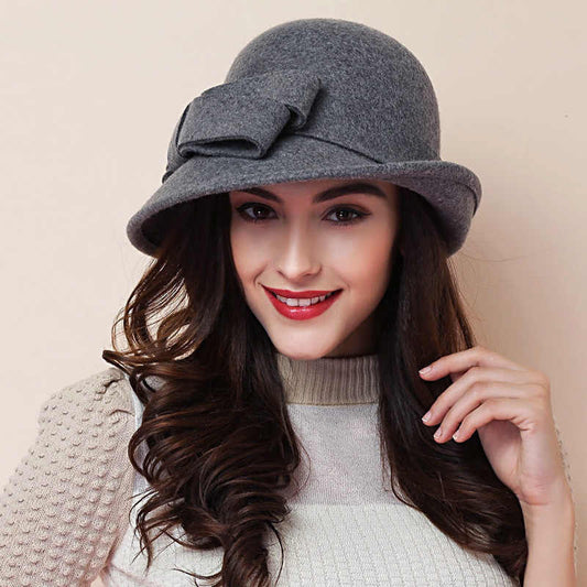 Women's French-Style Elegant Retro Woolen Bowler Hat with Curling Bow