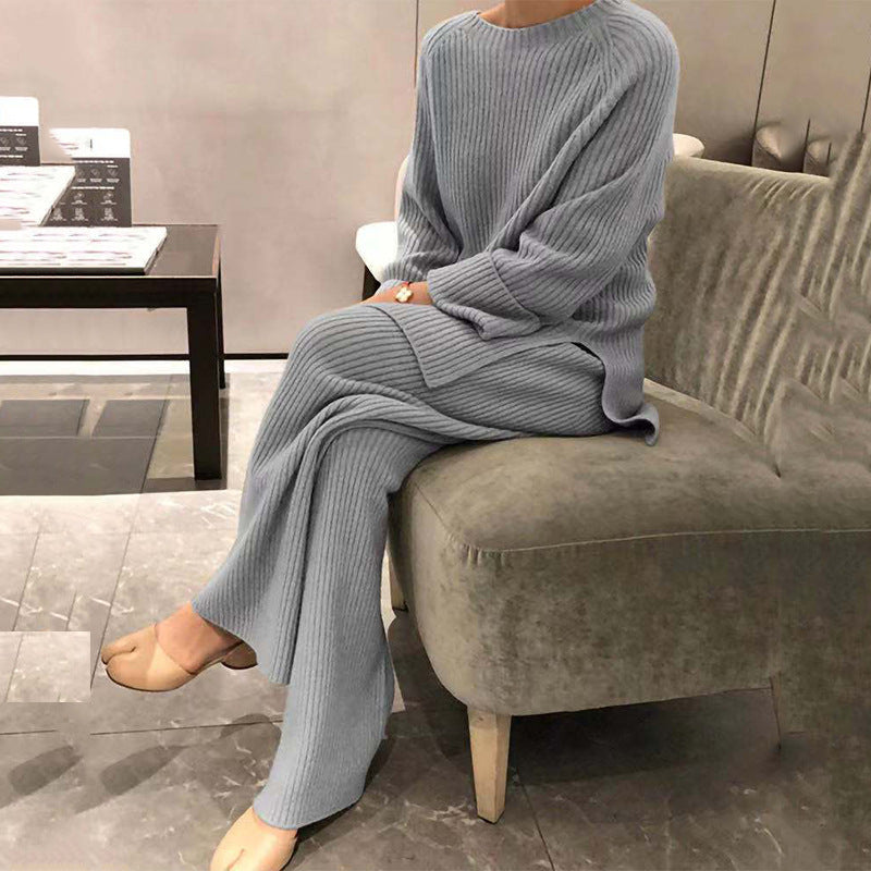 Women's Knit Casual Two-Piece Set - Knitted Sweater and Pants Outfit