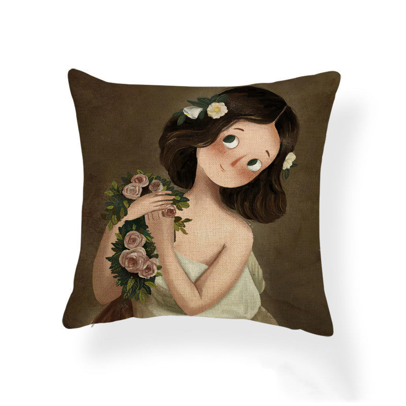 Cartoon Girl Printed Pillowcase Oil Painting Blended Cushion