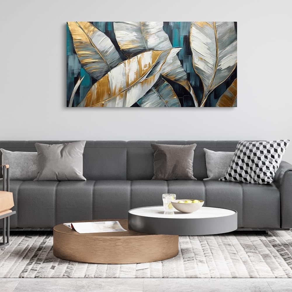 Handmade Oil Painting Canvas Wall Art Decoration Abstract Large Golden Green Banana Leaves Pictures Modern Family Bedroom Decor Rolled Frameless Unstretched Painting
