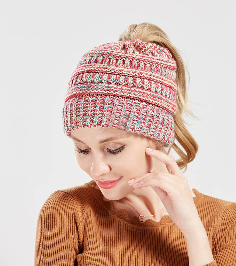 Women's Mixed Color Knitted Wool Hat - Ponytail Beanie