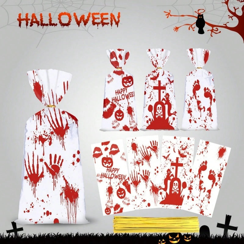 Halloween Cellophane Candy Bags - 50 Pack with Gold Twist Ties