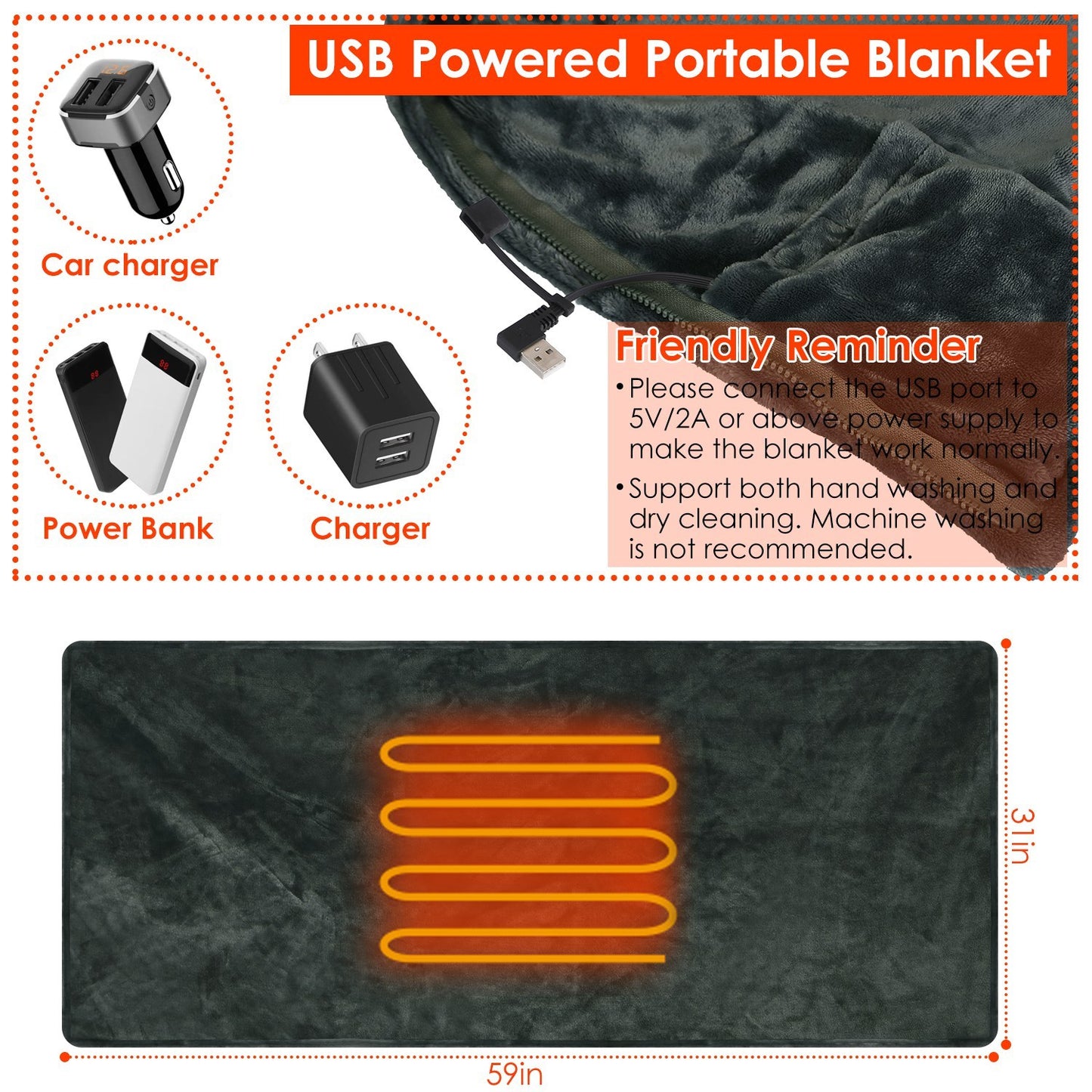 USB Heated Blanket Poncho - 59x31in Electric Heated Shawl Wrap with Zipper