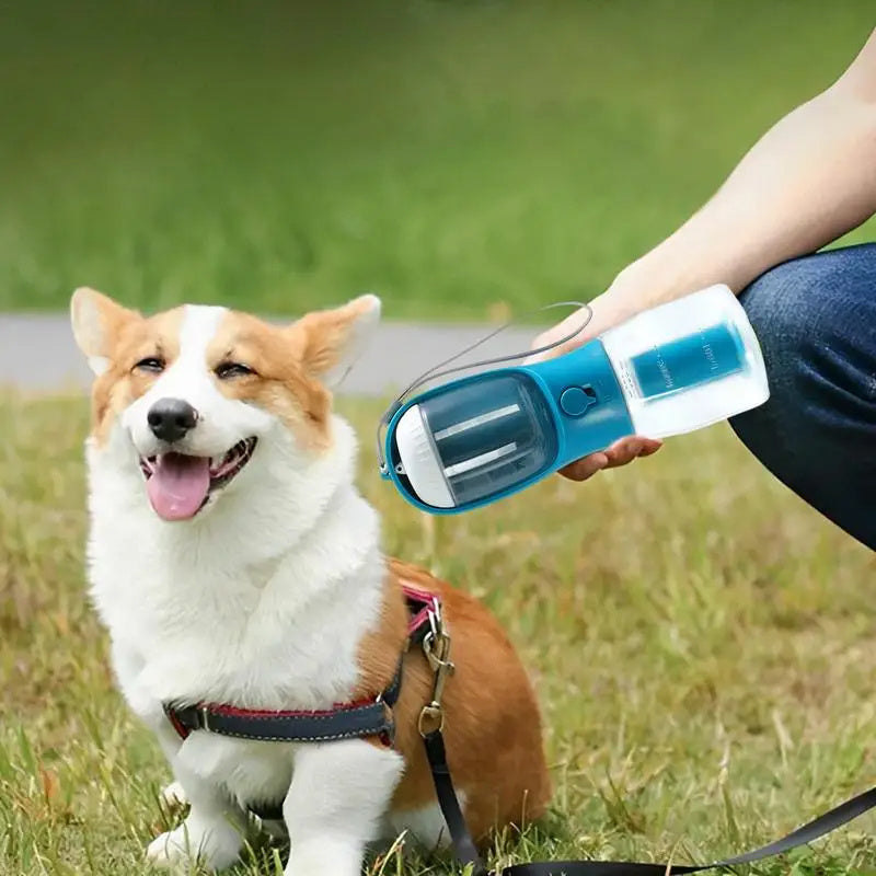 Dog Water Cup 3-in-1 Portable - Drinking Bottle, Food Container & Waste Bag Dispenser for Travel