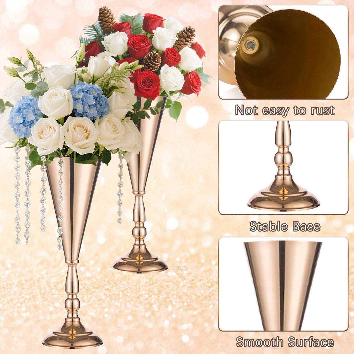 Golden Vase Flower Wedding Centerpieces For Tables 14 In Tall Flower Display Stand Wedding Metal Flower Arrangement Stand Trumpet Vase Tabletop Stand For Home Anniversary Ceremony Party