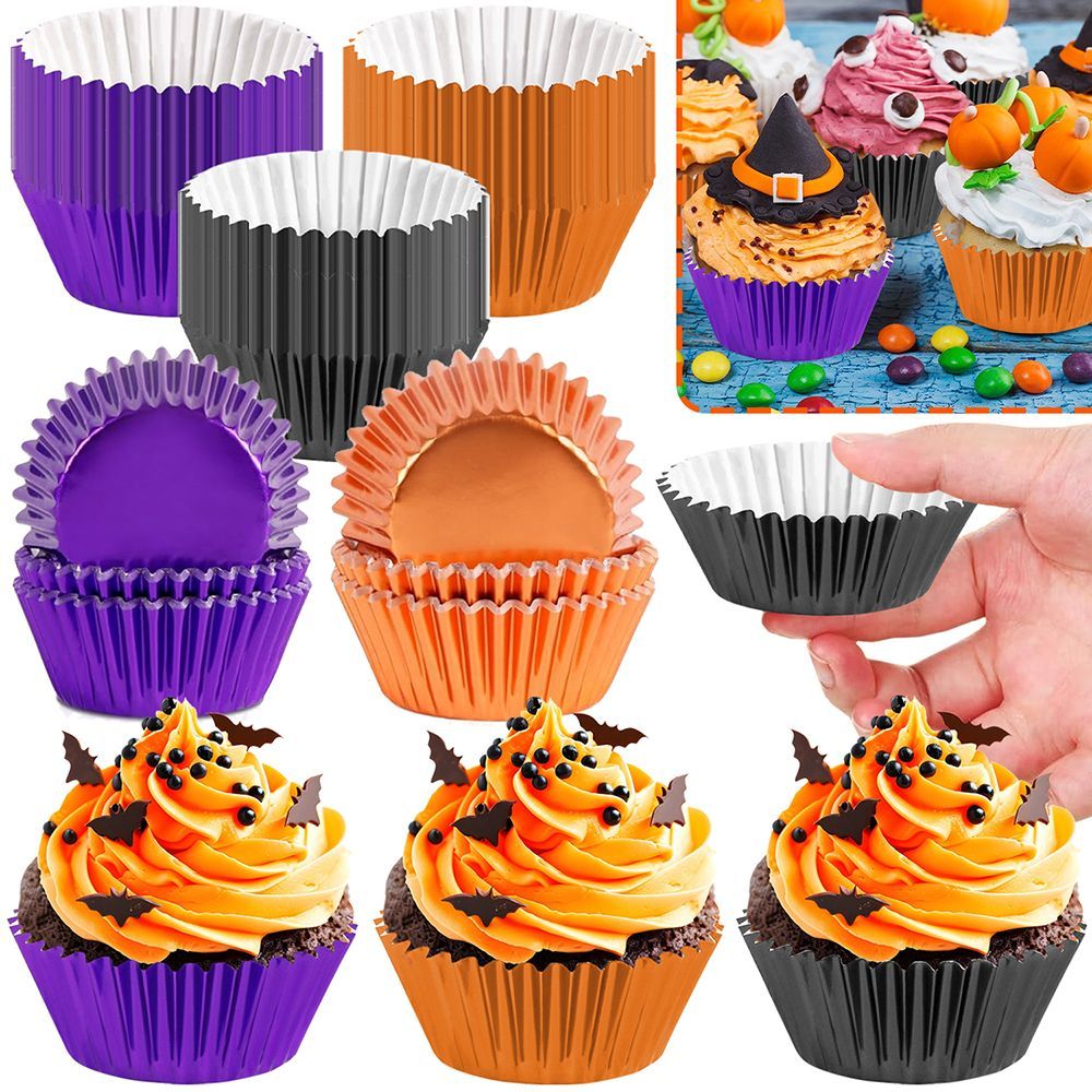 Halloween Foil Cupcake Liners - 300 Pcs Black Purple Orange Metallic