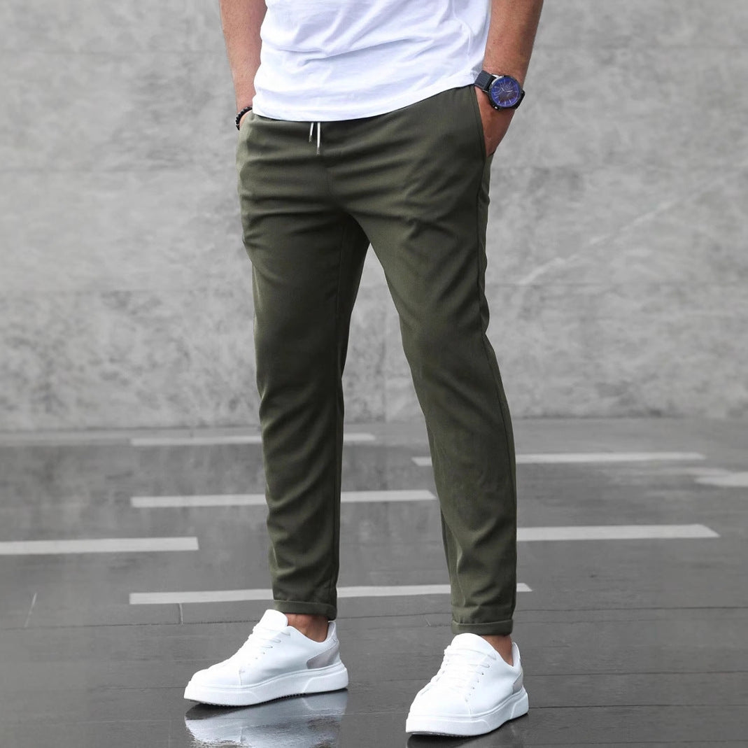 Men's Casual Drawstring Pants with Pockets - Slim Fit Straight Leg Trousers