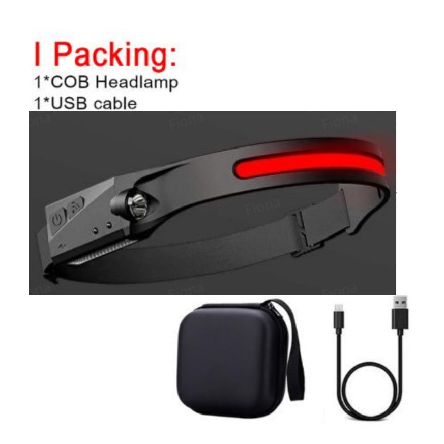 COB LED Rechargeable Headlamp - 350 Lumens Wave Sensor Waterproof Headlight for Camping & Outdoor