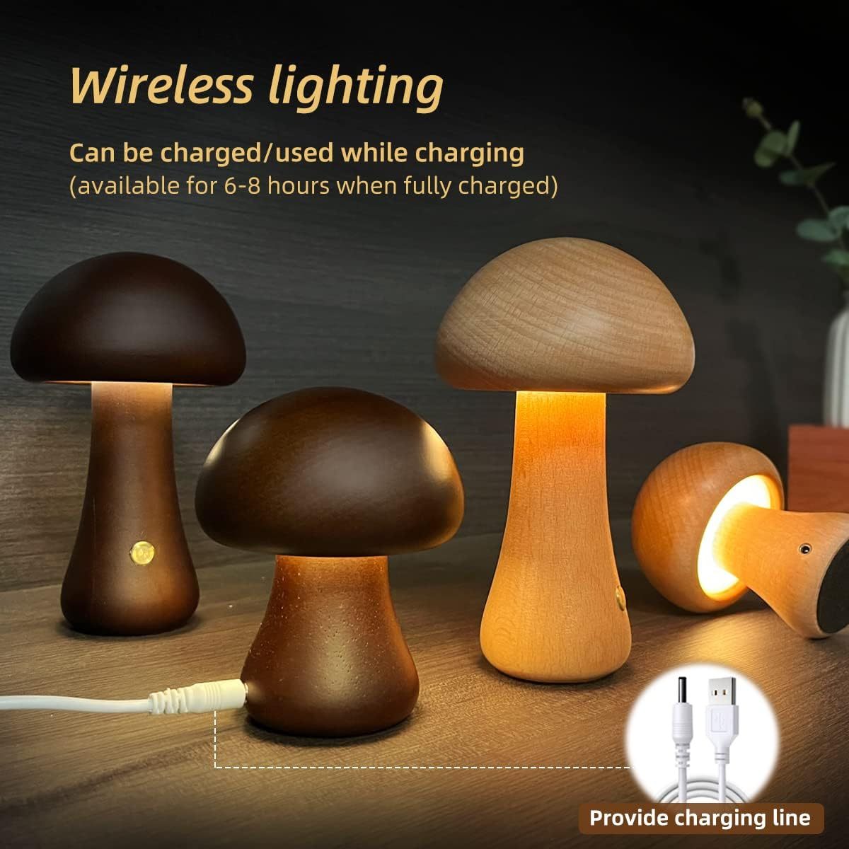 INS Wooden Cute Mushroom LED Night Light - Touch Switch Bedside Table Lamp for Bedroom