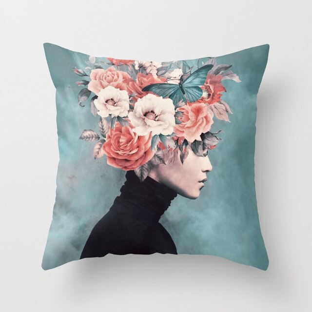 Abstract Print Flower Lady Cushion Cover - Artistic Pillow Cases for Modern Home Decor