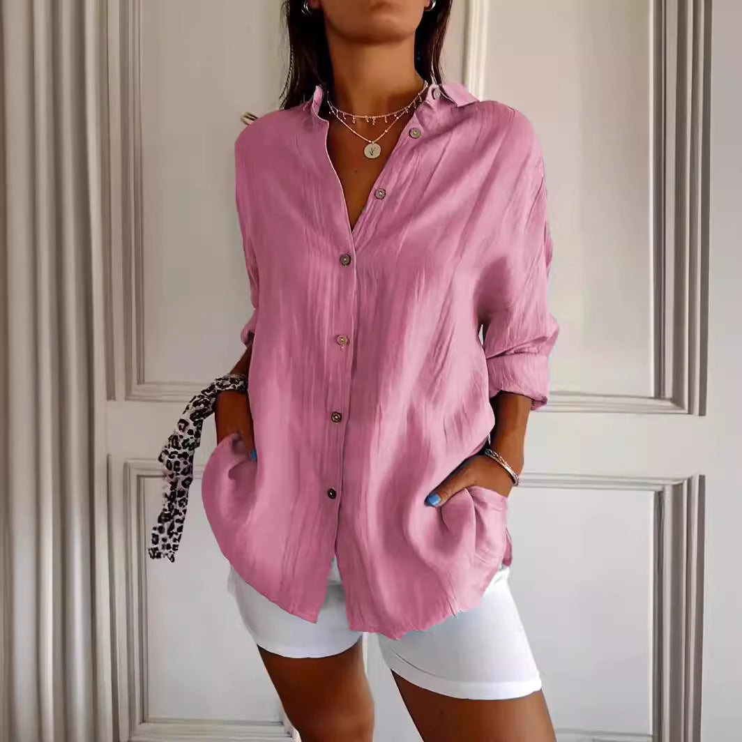 Women's Lapel Long Sleeve Shirt - Single-Breasted Pleated Button-Up