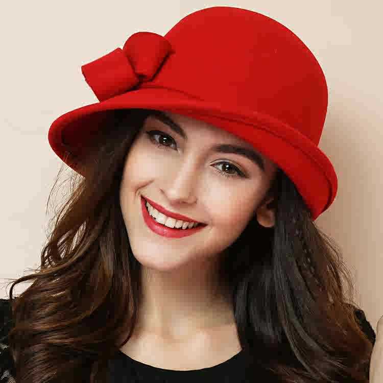 Women's French-Style Elegant Retro Woolen Bowler Hat with Curling Bow