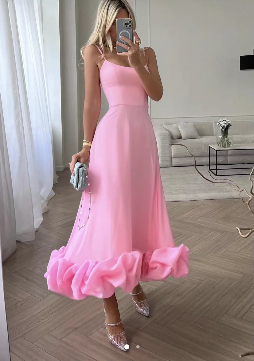 Women's A-Line Halter Dress with 3D Floral Details - Elegant Party Style