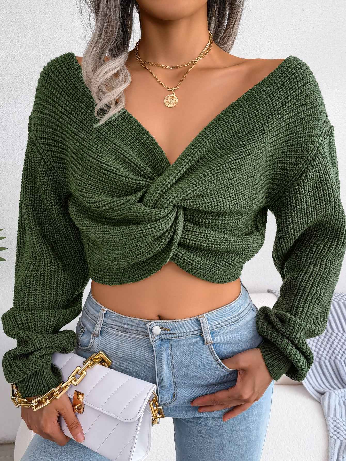 Women Long Sleeve Tie-Front Cropped Knit Sweater