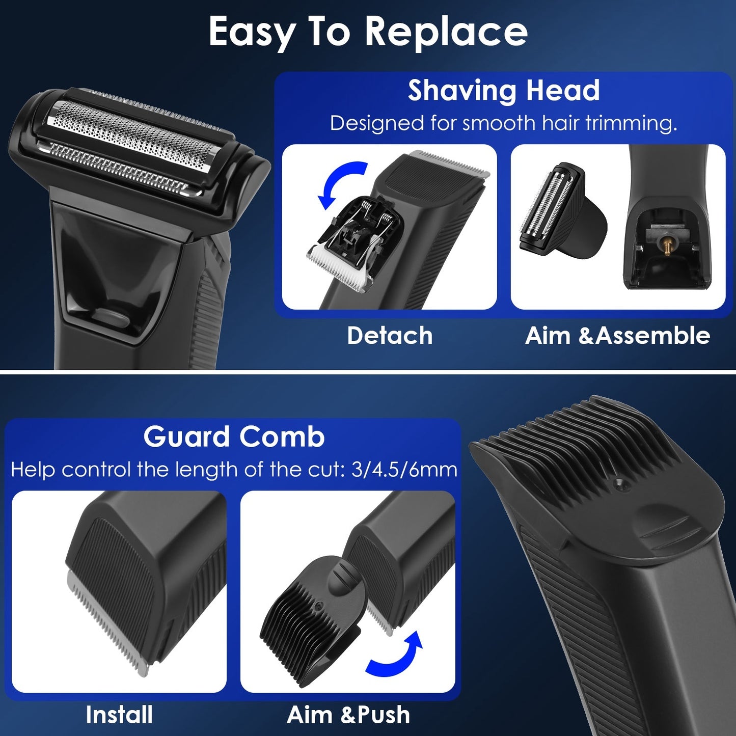 1Pc 2 In 1 Electric Body Trimmer For Men Cordless Beard Groin Ball Pubic Hair Shaver IPX7 Waterproof Razor With LED Light LCD Display Guard Comb Shaving Head