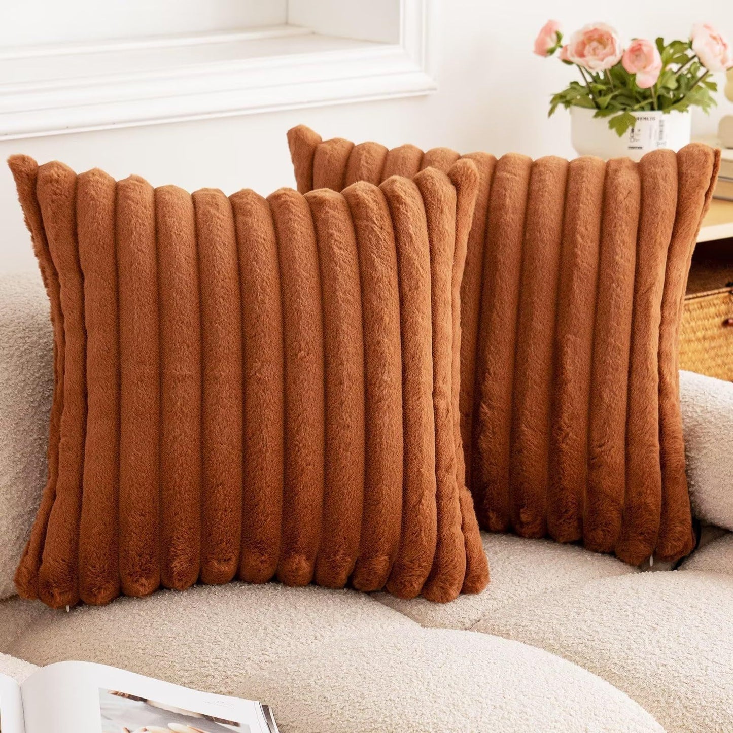 Rabbit Fur Solid Color Vertical Bar Plush Square Cushion Cover