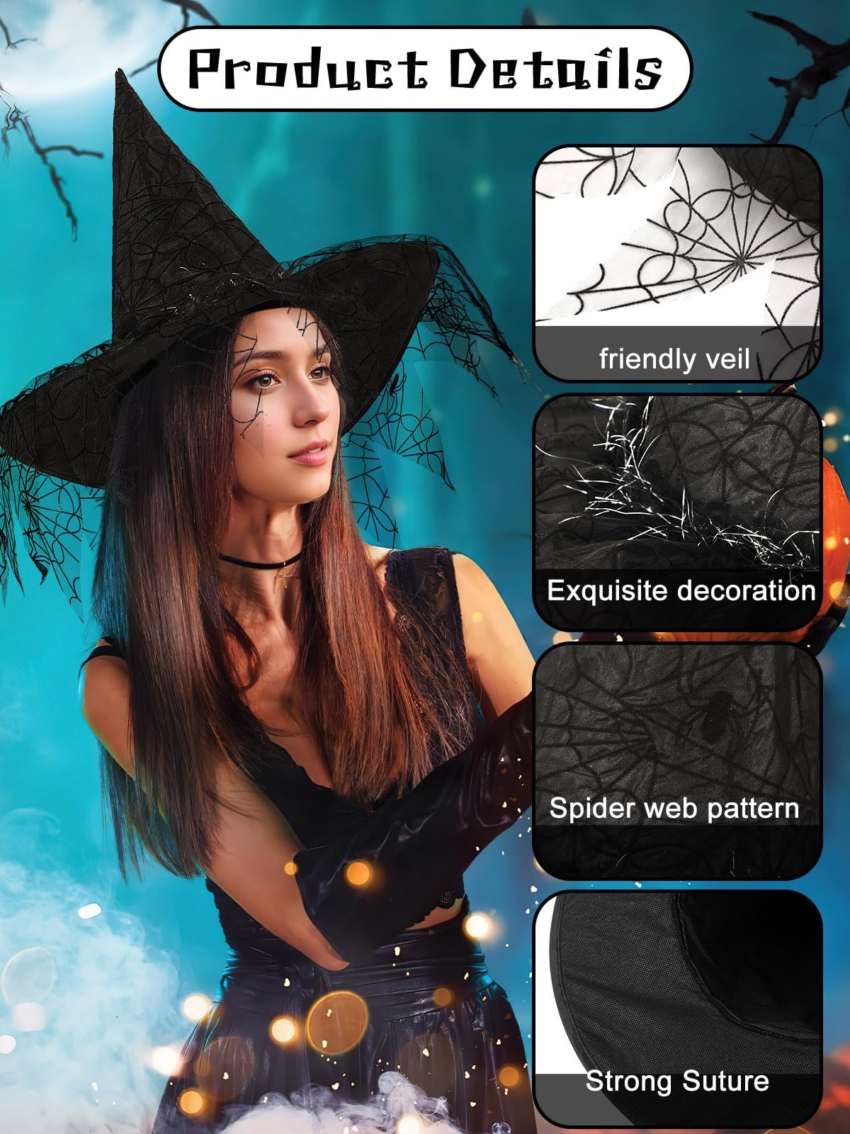 Halloween Witch Hats - 2 Pcs Black Foldable Pointed Caps for Women
