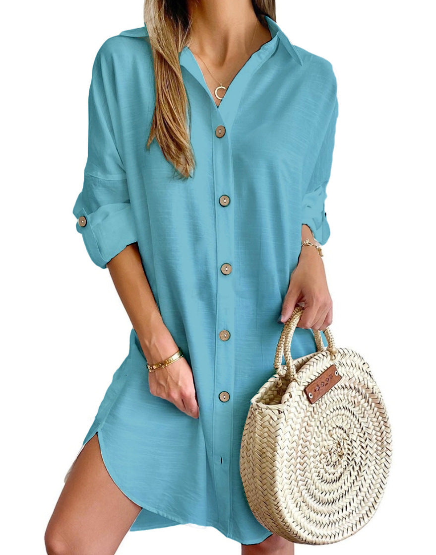 Autumn Casual Long Sleeve Lapel Button Shirt Dress - Women's Professional Style