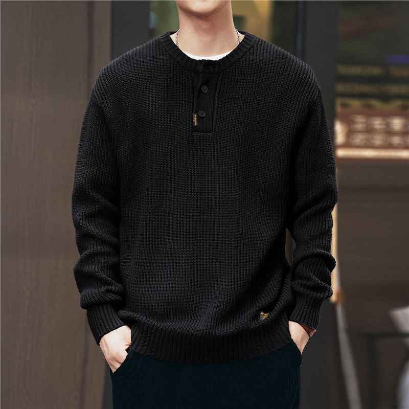 Vintage-style, Relaxed-fit, Thickened Vertical-striped Workwear Pullover Sweater